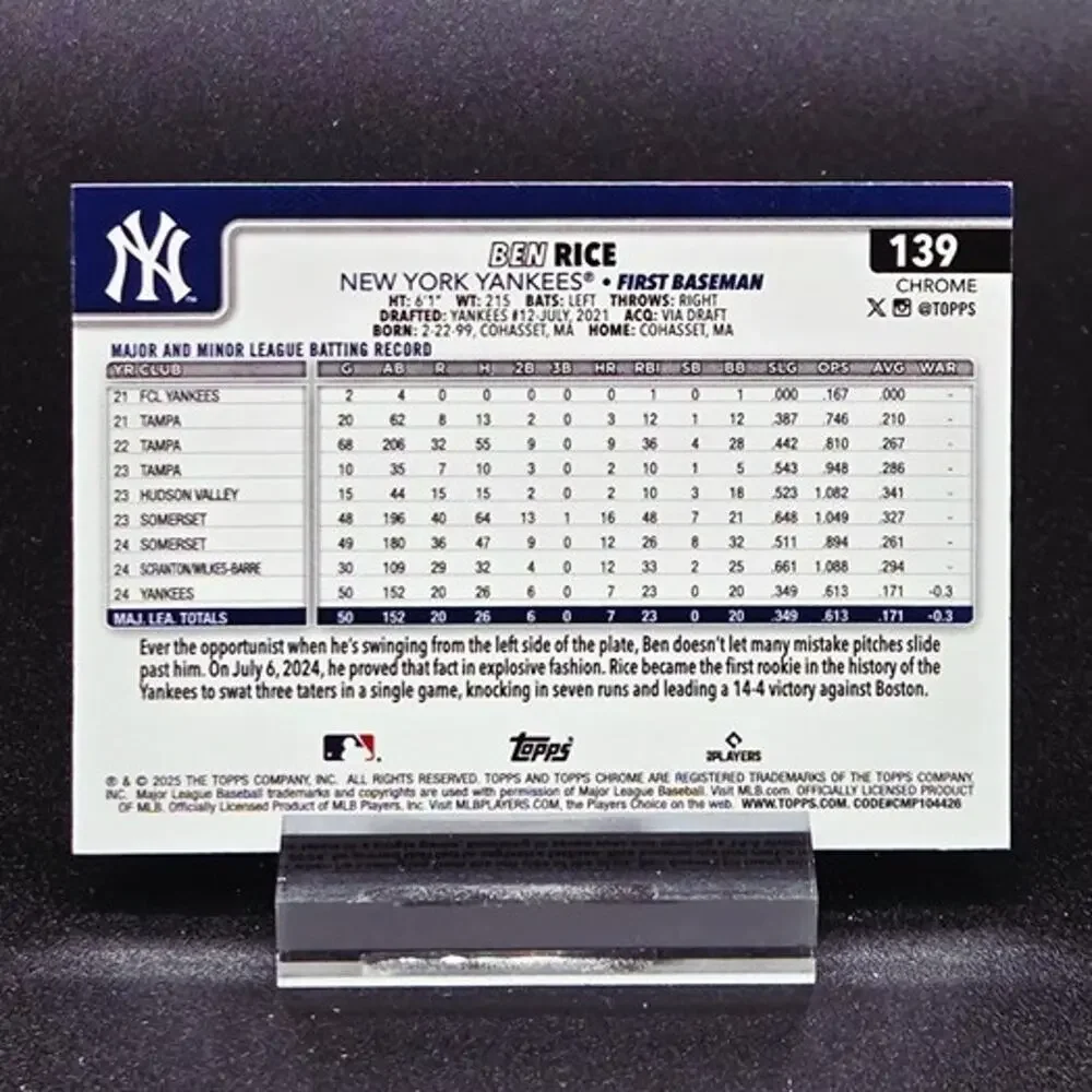 Ben Rice Topps Chrome Sepia Silver Prizm RC New York Yankees Star Rookie